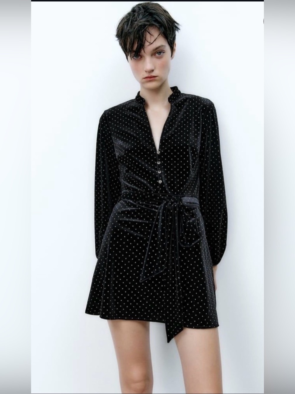 Black Velvet Gold Beaded Polka Dot Wrap Dress